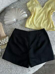 Quần short nữ màu đen dệt kim ống đứng, có khóa kéo, không co giãn, dáng ngắn, thích hợp cho mùa hè. - màu đen - Xem 3