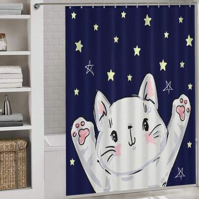 1pc Starry Sky Cat Shower Curtain, Suitable For Bathroom Bathtub Partition, Bathroom Shower Curtain Decoration, Bathroom Accessories