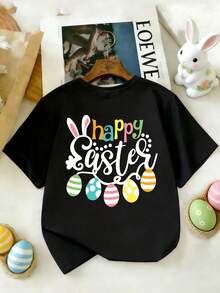 Young Girl Easter Limited Edition Cartoon Egg Double-Sided Print Short Sleeve T-Shirt, Casual Crew Neck Children Clothing - Black - View 1