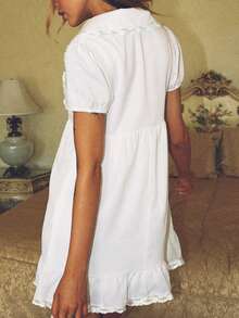 Babydoll Mini Dress For Women Lace Trim Ruffle Hem A-Line Dress Bubble Short Sleeve Deep V Neck Tie Front Short Dress Spring Summer  Casual Outfits Going Out Streetwear Daily Cute Wear ﻿ - 白色 - 查看 2