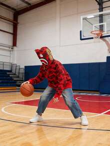 Sudadera con Capucha Unisex Tipo Oversized | Estampado Militar y Bordado de Tiburón | Cremallera Entera, Conjunto a Juego para Parejas | Buzo Ligero pero Abrigado, Ideal para Temporada de Frío - Rojo - Ver 4