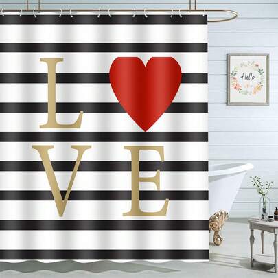 1 st svartvitt randig hjärtformad duschdraperi, minimalistisk randig hjärtformad tryckt duschdraperi, mycket lämplig för badrumsdekoration, universell rumsdekoration, heminredningsset, badrumstillbehör badkarsdraperi