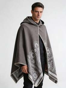 1件佩斯利提花连帽简约斗篷披肩，日常穿着 - 彩色 - 查看 1