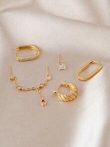 5Pcs Dainty Gold Earrings Set For Women, Cubic Zirconia Chain Drop Earrings & Huggie Hoops, Jewelry For Party & Date Night - Yellow Gold - View 5
