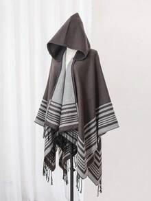 1pc Striped Jacquard Fringe Hooded Shawl, Versatile Daily Wear - Multicolor - View 7