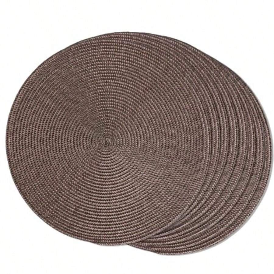 FunWheat Set Of 8 Round Woven Placemats For Dining Table Fabric Washable Non-Slip 38cm Brown 8pcs - Brown - View 1
