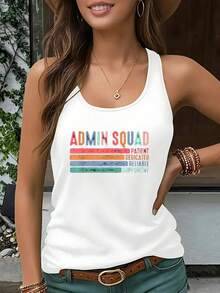 Gilet long sans manches confortable pour femmes au printemps et en été, t-shirt imprimé de rayures avec vocabulaire anglais coloré, tissu doux et confortable, style élégant et décontracté adapté pour le travail - Blanc - Voir 11