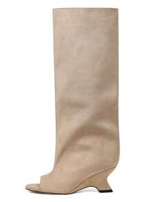 Women's Knee High Boots Peep Toe Slouchy Wedges High Heels PullOn Party Dress Fall Winter Suede Long Boots For Woman Party Shoes - 杏色A - 查看 11