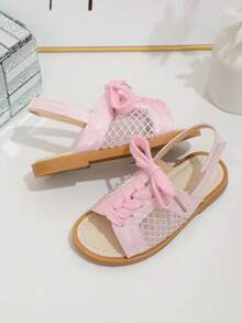 1 Pair Girls' Summer Flat Sandals, Pink Fabric Upper With Lace, Hook And Loop Strap At Heel, Round Toe, Fashion New Style Suitable For Daily Wear - Pink - View 5