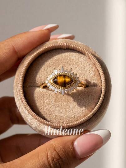 1pc Vintage Crown Eye Ring, 925 Sterling Silver (MadeOne Brand), Tiger Eye Stone & Zirconia, Shimmering & Charming, Suitable For Dates And Parties, Ideal Gift For Her