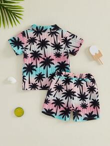 Toddler Baby Boy Hawaiian Outfits Summer Beach Coconut Tree/Palm Leaf Button Down Shirt And Shorts Vacation Clothes - 藍色 - 查看 2