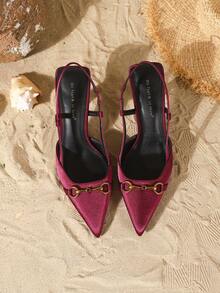 On feet& in love Women's Elegant Satin Backstrap Pointed Toe Metal Chain Buckle High Heel Pumps, Suitable For Dresses And Weddings - Burgundy - View 6