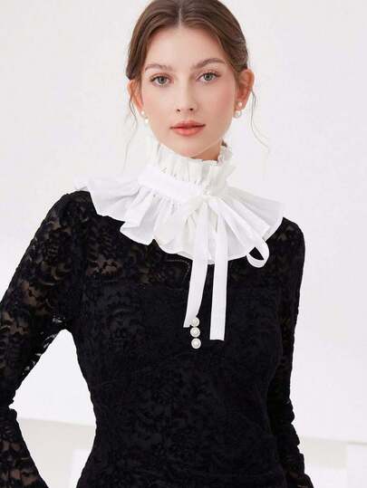 1件复古荷叶边领带装饰高领可拆卸领子，法式宫廷风格时尚配饰