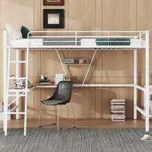 Hochbett, 90x200cm Bettgestell Metallbett, Eisenbett, Hochbett Mit L-Formigem Schreibtisch Und Einem Regal Für Kinder, Jugendliche Und Erwachsene, Ohne Matratze, Weiß - White - View 3