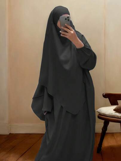 2pcs Set: Nida Fabric Hijab + Abaya Dress, Soft & Breathable, Muslim Islamic Single Layer Khimar Headscarf, Suitable For Women's Daily Wear And Prayer, All Seasons