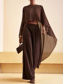 Women Chiffon Long Shawl Cape High Low Cape Sheer Mesh Poncho Top Flowy Capelets Coffee Color Going Out Cover Up For Beach Bridal Wedding Evening - 咖啡棕 - 查看 3