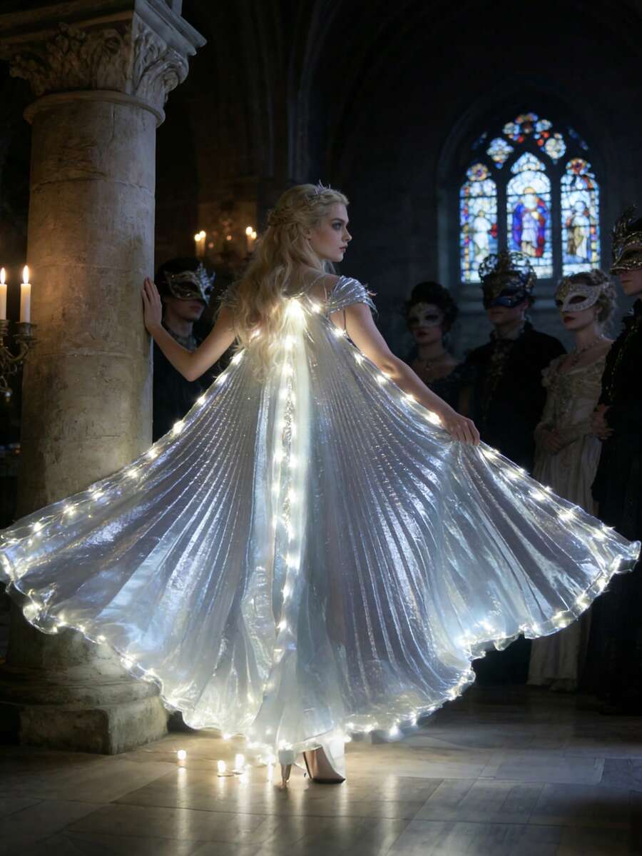 1件成人LED发光肚皮舞翅膀，可用作拍照道具、派对灯光配件，适用于各种节日和表演舞台，360°旋转，带伸缩杆