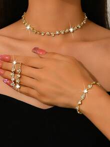 时尚简约珠宝套装 - 项链、耳环、手链、镶有钻石/珍珠的弹力戒指、结婚珠宝、母亲节礼物（多种选择） - 銀色 - 查看 4