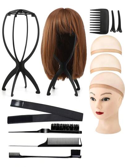 Set de 11 piezas para soporte de peluca, 2 reposacabezas plegables para peluca, 2 redecillas para el cabello, 1 correa de agarre, 2 pinzas para el cabello y 4 peines. El conjunto combinado es adecuado para viajes y uso doméstico, haciéndolo talla grande ligero y eficiente.