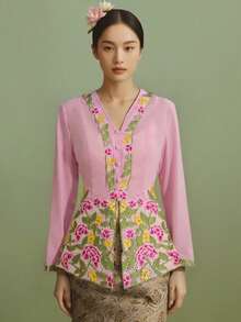 Nyonya Kebaya，女士 Kebaya，传统土生华人服装，优雅刺绣长袖衬衫夹克，粉色上衣，开斋节服装 - 粉色 - 查看 3