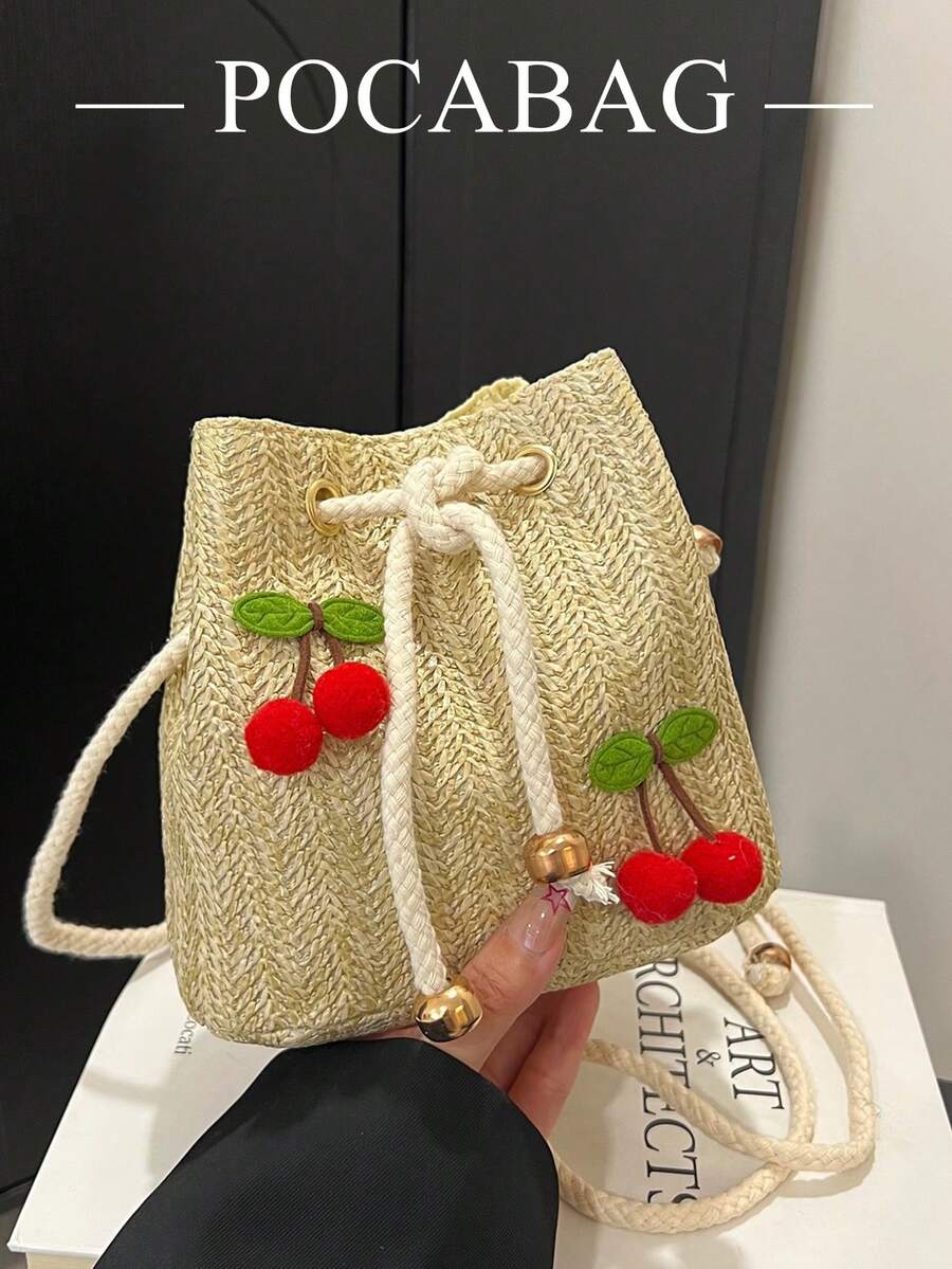 Túi đeo chéo vai họa tiết dâu tây thời trang mới, túi xách tay, túi công sở, túi xô dây rút, túi đeo vai họa tiết quả anh đào tối giản.