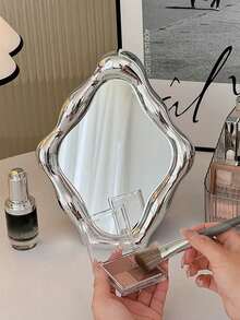 1pc Silver Plated Desktop Makeup Mirror, Bedroom Vanity Mirror, Portable Student Mirror, High Definition Rotating Makeup Mirror, Single Pack - Silver - View 3