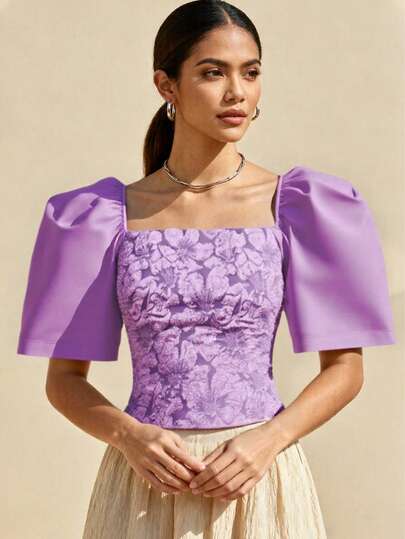 Blusa filipiniana moderna - Estampado floral Elegante fiesta romántica Jacquard Blusa de manga corta para mujeres para citas por la noche, fiestas de boda, fiestas de cumpleaños, citas festivas, primavera/verano