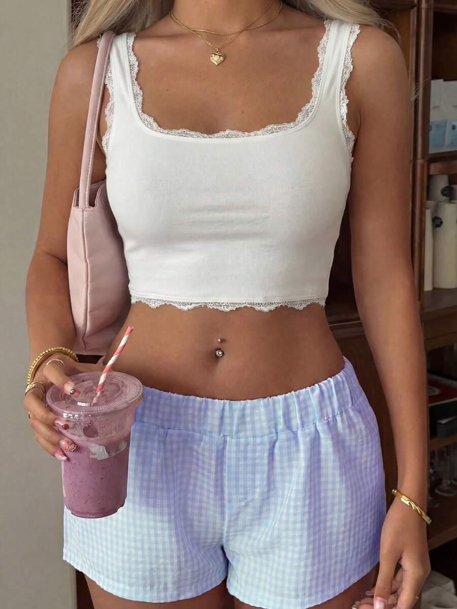 Women's Sleeveless Lace-Trimmed Cropped Tank Top– Effortless Daily Outfits, Edgy Streetwear Styling, Baddie Fashion, Urban Photo Shoot Looks, Casual Summer Daywear - Apricot - View 1