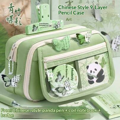 1 pieza Estuche de lápices verde de 9 capas multifuncional, de gran capacidad, compartimentado para diversos artículos de papelería, incluye bolígrafo surtido, lápiz, carpeta de archivos, bloc de notas, juegos de pegatinas