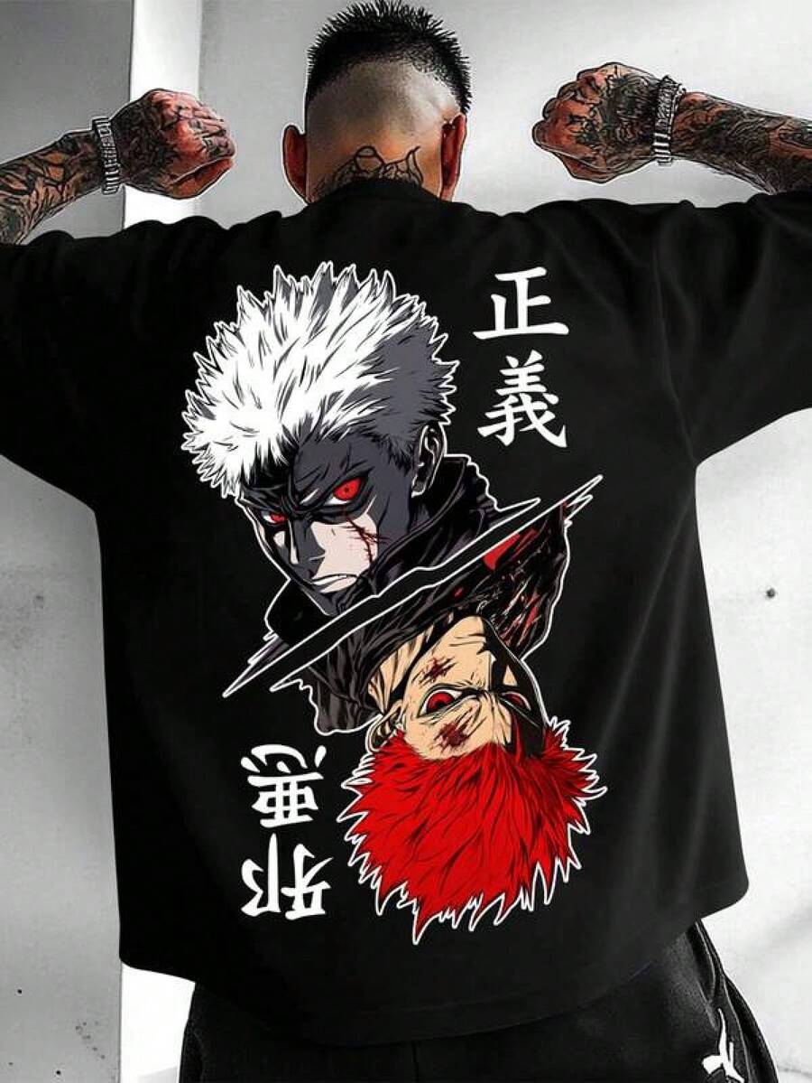 Mens Tshirts Minimalist Crew Neck Anime Graphic Short Sleeve T-Shirt, Summer Men's Fashion Print Casual T-Shirt Casual Summer T-Shirt, Comfortable Outdoor Casual Wear - Black - View 1