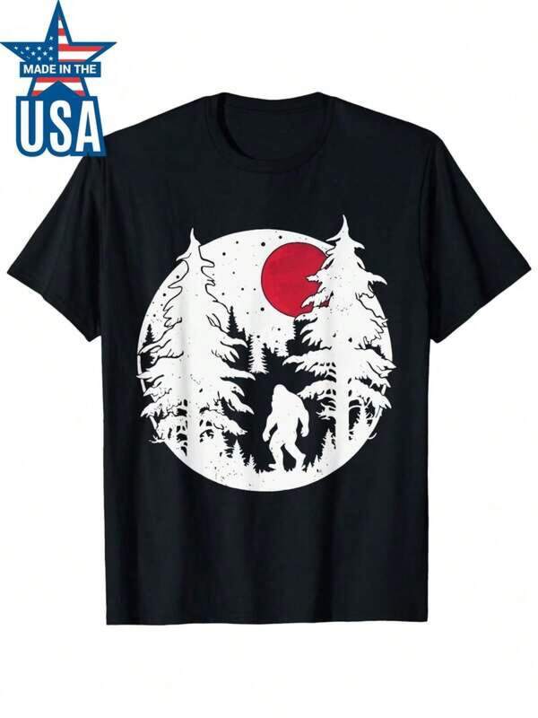 Men's T Shirts Retro Bigfoot Blood Moon Funny Total Lunar Eclipse Watching T Shirt Men's Casual Print Round Neck Short Sleeve T-Shirt Standard Fit T-Shirt For Men