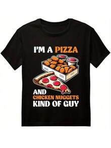 Men's T Shirts 1pc Men's Soft Stretch Black Pizza & Chicken Nuggets Graphic T-Shirt - Streetwear Casual Short Sleeve Round Neck Tee For Summer, Funny Food Print, Hand Wash Only, Comfortable Fit Shirt, Pizza Shirt Men's Casual Print Round Neck Short Sleeve T-Shirt Standard Fit T-Shirt For Men - 黑色 - 查看 8