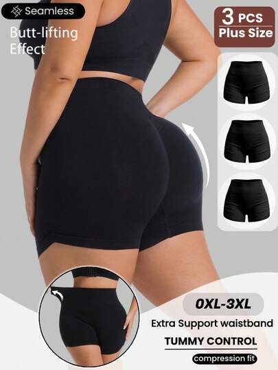 3pcs/Set Plus Size Women Seamless High Waist Ruched Design Shorts, Comfortable & Fashionable Lifting Slim Yoga Sports Shorts, Suitable For Daily Wear, Yoga And Fitness