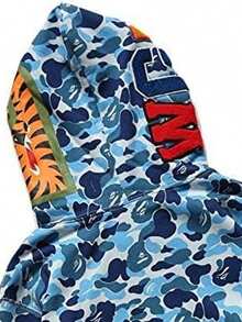 Buzo Oversized Unisex Camuflaje con Diseño de Tiburón Bordado | Cremallera Completa, Corte Moderno | Sudadera Pesada pero Cómoda para Parejas, Estilo Urbano | Ideal para Salidas Informales, Looks de Calle y Combinar en Pareja - Azul - Ver 2