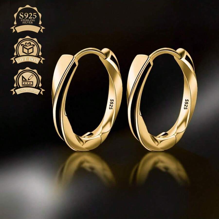 S925 银黑色树脂圆形简约时尚女式耳环 - 金色 - 查看 1