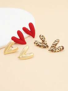 3 Pairs/Set Leopard Print Heart, Red Heart, Gold Heart Stud Earrings, Versatile Fashion Accessories - Multicolor - View 4