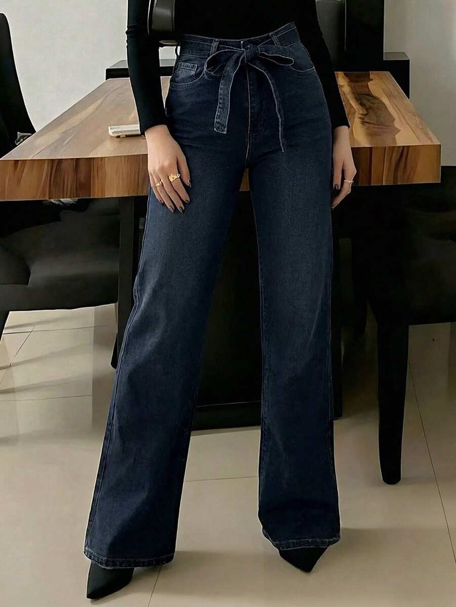 Quần jeans ống loe ôm vừa vặn màu tối thời trang có thắt lưng buộc eo, phong cách đi làm - Rửa tối - Xem 1