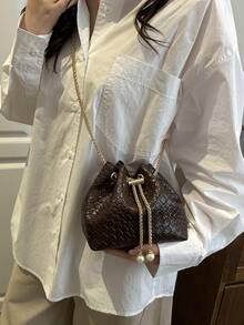 Mini Woven Drawstring Bucket Bag, Versatile Shoulder/Crossbody Bag For Party & Casual, Minimalist Design - Coffee - View 4
