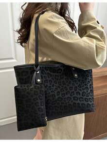 Bolso de mano grande con estampado de letras, bolso de hombro a cuadros para mujer, estilo para ir al trabajo - Negro - Ver 7