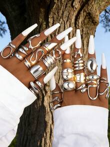 Bộ nhẫn điều chỉnh được, kiểu dáng cổ điển thanh lịch, retro, bất đối xứng, hình học, đường nét nổi bật, cong, chất liệu dày dặn, phong cách Bohemian dành cho nam và nữ, món quà lý tưởng cho bạn bè, gia đình, người yêu, phù hợp cho các bữa tiệc, ngày lễ, đeo hàng ngày (Giao hàng ngẫu nhiên) - Bạc - Xem 4