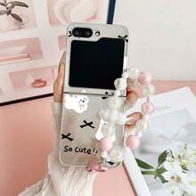 新款箔面纹理蝴蝶结小熊折叠手机壳，带链条，适用于三星 Galaxy Z Flip3 5G/Galaxy Z Flip 4 5G/Galaxy Z Flip 5 5G/Galaxy Z Flip 6 5G/Galaxy Z Flip 7 5G，可爱卡通可折叠屏幕保护膜 - 彩色 - 查看 1