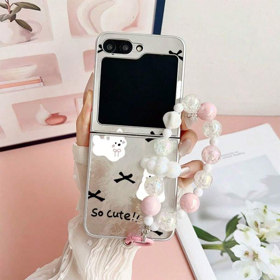 新款箔面纹理蝴蝶结小熊折叠手机壳，带链条，适用于三星 Galaxy Z Flip3 5G/Galaxy Z Flip 4 5G/Galaxy Z Flip 5 5G/Galaxy Z Flip 6 5G/Galaxy Z Flip 7 5G，可爱卡通可折叠屏幕保护膜 - 彩色 - 查看 1