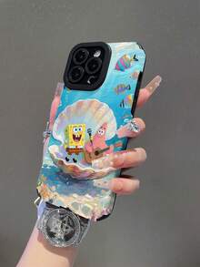 SpongeBob SquarePants 1pc Cartoon Creative Funny Shell & Starfish Vertical Striped Protective Phone Case Cover, Compatible With Samsung/Apple 17/16/15/14/13/12/11Pro Max/12Pro/14Plus And Other Models - Multicolor - View 3