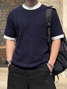 ALTZTAR Men's Crew Neck Textured Jacquard Short Sleeve Casual Commuter Knit Sweater - Navy Blue - View 1