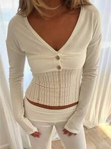 Ultra Cropped Long Sleeve Top For Women V Neck Button Front Coquette Style Casual Streetwear Crop Top - 白色 - 查看 1