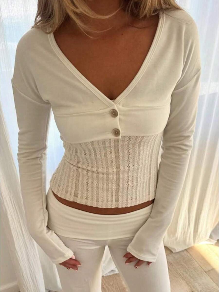 Ultra Cropped Long Sleeve Top For Women V Neck Button Front Coquette Style Casual Streetwear Crop Top - 白色 - 查看 1