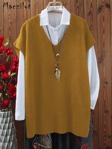 Plus Size Women Plus Size Pullover Sweater, Casual Comfortable V-Neck Sleeveless Knit Top - Ginger - View 2