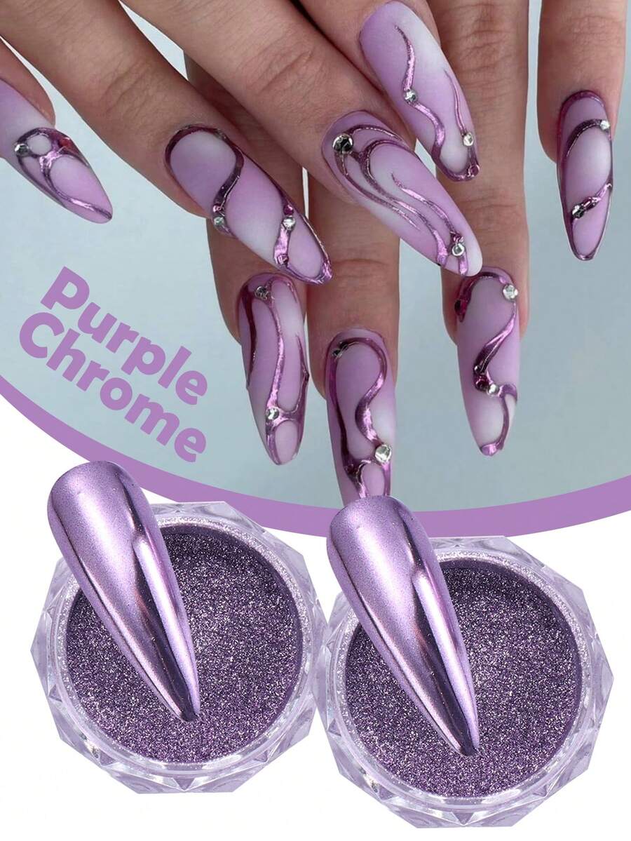 2pcs Purple Mirror Metallic Powder, Purple Matte Metallic DIY Y2K Style Charming Nail Art Powder Decorations - Purple - View 1