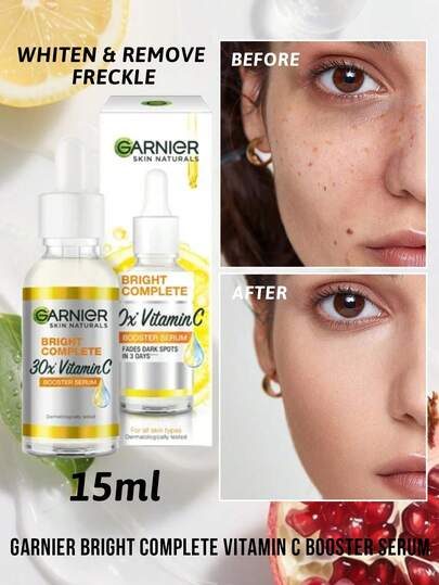 Garnier 卡尼尔亮白维C精华液，淡化色斑，减少色素沉着，提亮肤色，夜间精华，改善暗沉，蕴含10%纯维C，质地轻盈，抗氧化，保湿修护，令肌肤焕发光彩，适合夜间护肤