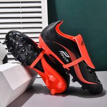 MINGBIN 1 par de zapatos de fútbol unisex, zapatos de entrenamiento y partido de césped natural al aire libre de caña baja, tacos de fútbol americano para adolescentes, zapatos deportivos profesionales con cordones delanteros de PU, tacos largos AG/FG - Negro y rojo - Ver 6
